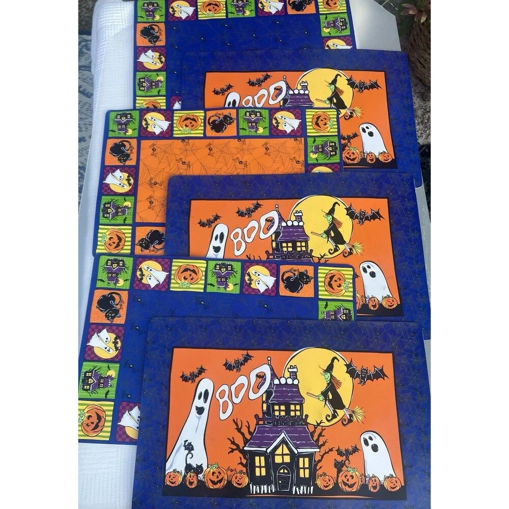Vintage Halloween Foam Placemats Set of 7 12x18 Ghost Witch Black Cat